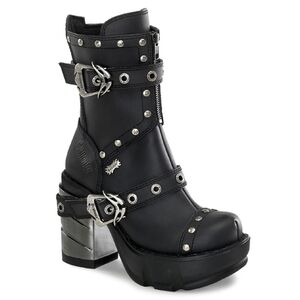 Sinister Chromed Block Heel Biker Boots